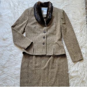 Jessica Howard Size 6 Tweed Look Faux Fur Collar 2pc Skirt Jacket Suit Brown Tan